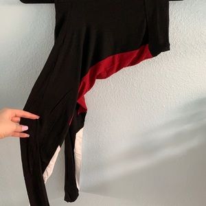 black, red, and white color block leggings